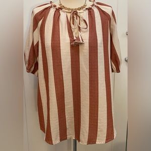 NEW! Sz MED Stripe Brown & Cream Tassel Tie Front Mid Sleeved Top Knox Rose